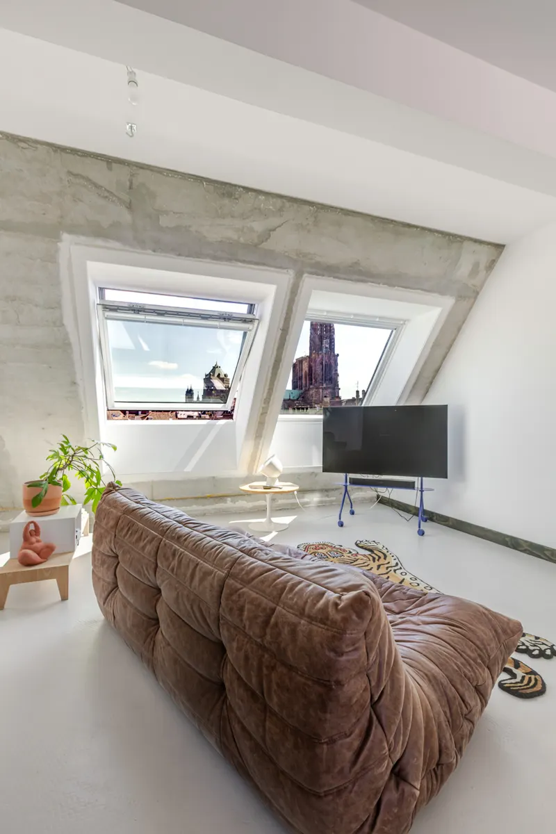 Salon d'un penthouse avec vue sur la cathédrale de Strasbourg